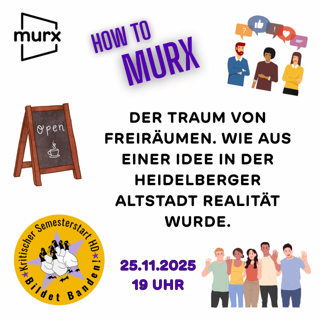 Bild mit Murx-Logo, einer Aufstelltafel mit dem Wort 'Open' und einer Tasse mit dampfenden Inhalt, einigen Leuten mit unterschiedlichen Inhalten und anderen Leuten die freundlich die Hand heben. Dazu das Logo des Kritischen Semesterstarts (KriSe) | How to Murx | Der Traum von Freiräumen. Wie aus einer Idee in der Heidelberger Altstadt Realität wurde. | 25.11.2025 19 Uhr