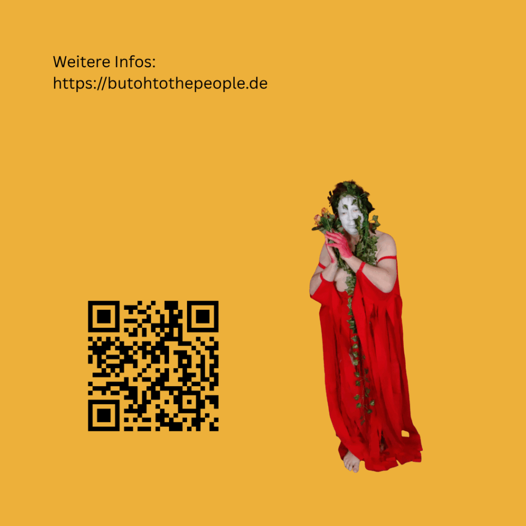 Eiergelber Hintergrund, schwarze Schrift. Abbildung einer Tänzerin und ein Scancode | Weitere Infos: https://butohtothepeople.de