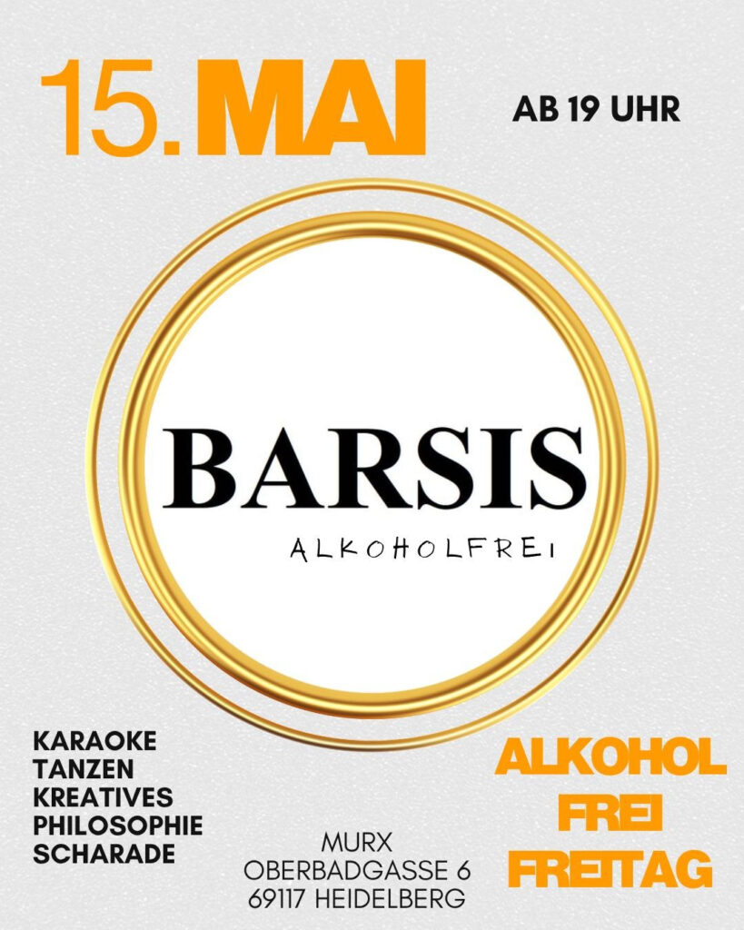 Heller Hintergrund, ein doppelter goldener Ring. BARSIS ALKOHOLFREI. ALKOHOL FREI FREITAG. Karaoke, Tanzen, Kreatives, Philosophie, Scharade. 15. Mai, ab 19 Uhr. Murx, Oberbadgasse 6, 69117 Heidelberg