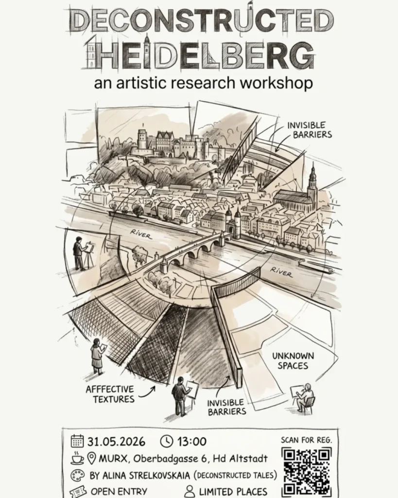  In der Mitte eine gezeichnete künstlerische Darstellung von der Heidelbergs Innenstadt und Umgebung. Deconstructed Heidelberg - an artistic research workshop. 23.05.2026. 13:00. Murx, Oberbadgasse 6, Hd Altstadt, By Alina Strelkovskaia (Deconstruced Tales). Open Entry. Limited Places.