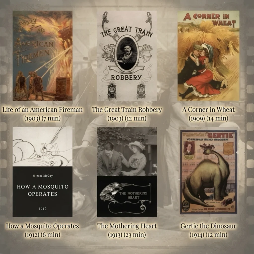Picturs of the following films: Life of an American Fireman (1903) (7 min), The Great Train Robbery (1903 (12 min), A Corner in Wheat (1909) (14 min), How a Mosquito Operates (1912) (6 min), The Mothering Heart (1913) (23 min), Gertie the Dinosaur (1914) (12 min)