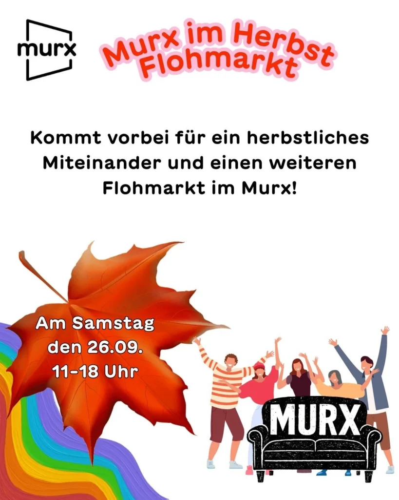 Links oben das Murx Logo, unten links ein pastellfarbener Regenbogen und ein herbstlich gefärbtes Ahornblatt. Rechts unten eine Couch mit dem Aufdruck MURX.