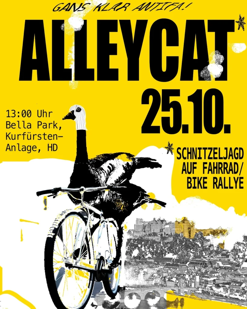Alleycat (Schnitzeljagd auf dem Fahrrad/Bike Ralley) | Gans klar Antifa! | 25.10.2026 13 Uhr | Bella Park, Kurfürsten-Anlage, Heidelberg